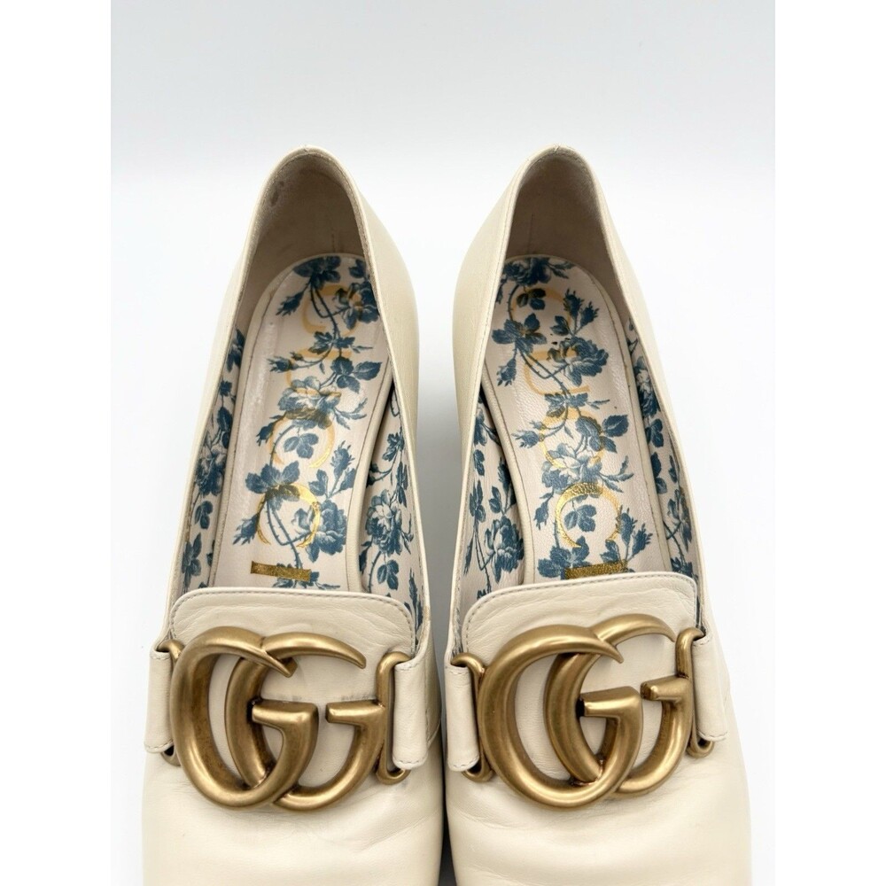 Gucci Victoire GG Block Heel Pumps White/Cream Leather Gold GG Buckle Sz EU 36 - Picture 8 of 14
